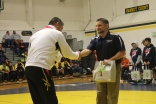 Kroll, HRV Spanish teacher and coach, shaking hands firmly with the Japanese National Wrestling Coach at the Cultural Exchange Wrestling Tournament. This was one unforgettable exciting night!